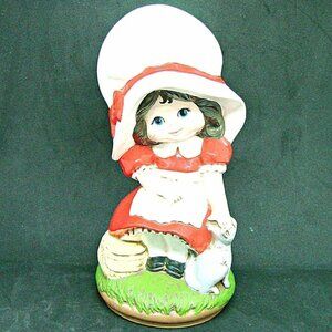 1974 Collectible Little Girl Figurine Byron Molds Bonnet White Red Dress and Cat